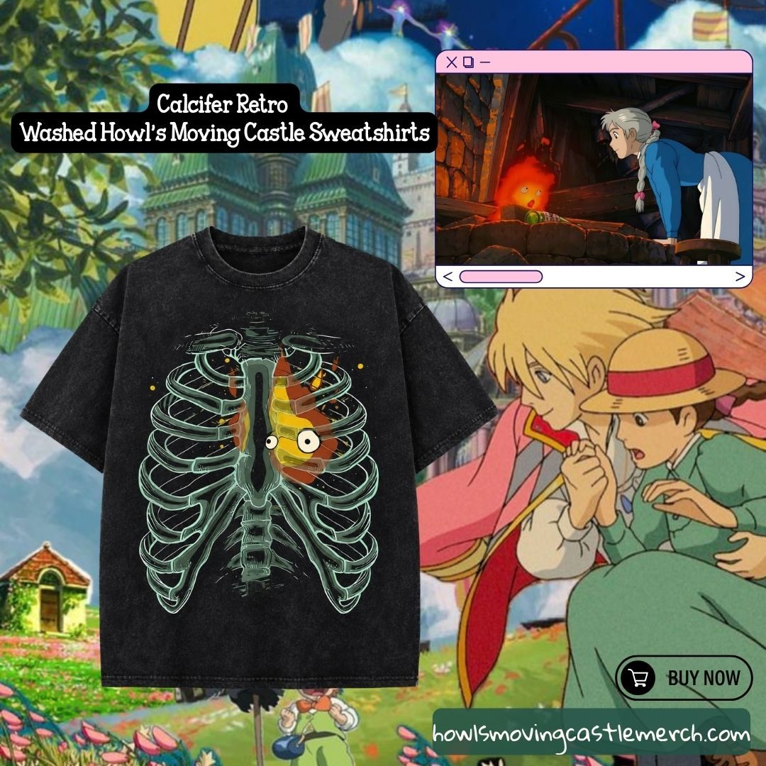 Calcifer Retro PTTT1107 Washed  Howl's Moving Castle Sweatshirts